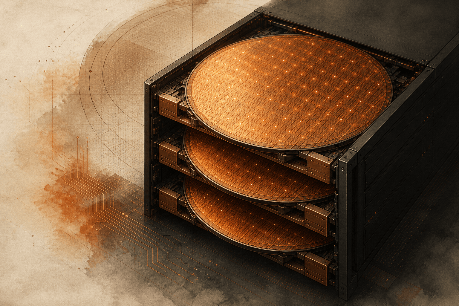 Editorial cover of the Cerebras CS‑4 atlas with a wafer-scale chip and three compute modules in a rack