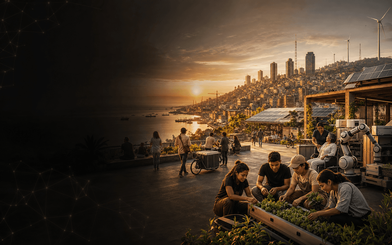 Ciudad latinoamericana al amanecer con energía limpia, robótica, aprendizaje y vida comunitaria